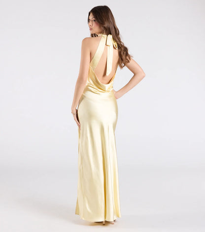 Andie Halter Open Back Slit Satin Formal Dress