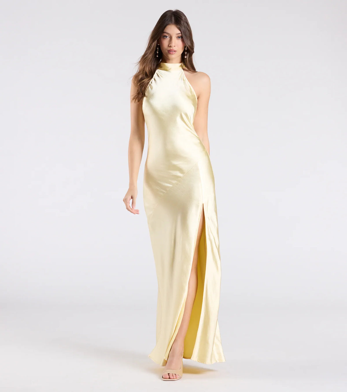 Andie Halter Open Back Slit Satin Formal Dress