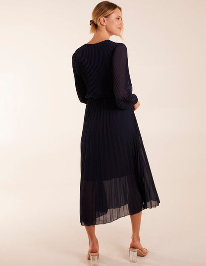Wrap Front Pleated Midi Dress