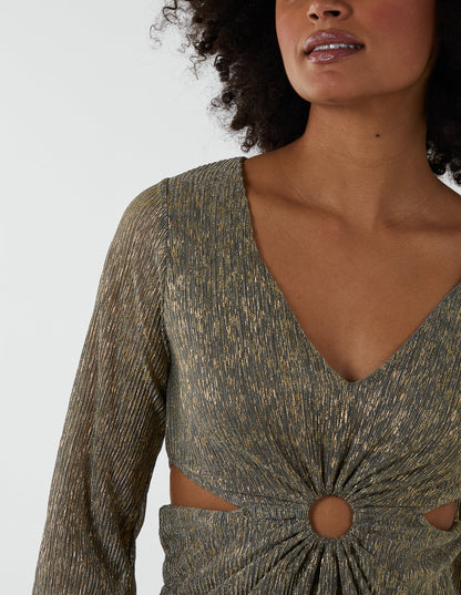 V-Neck Long Sleeve Metallic Dress