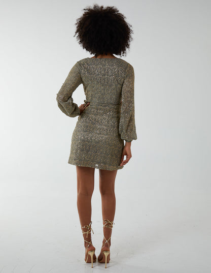 V-Neck Long Sleeve Metallic Dress