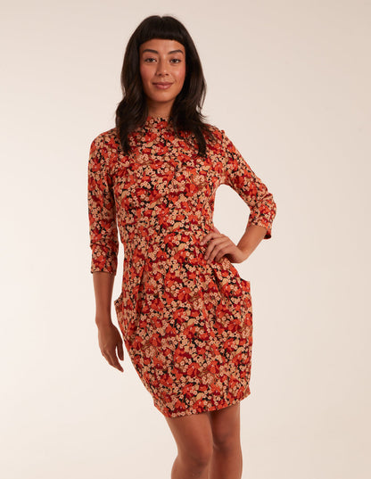 High Neck 3/4 Sleeve Dress With Belt