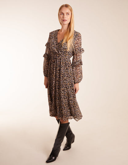 V Neck Frill Sleeve Wrap Midi Dress