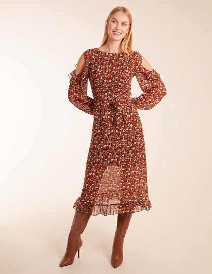 Cold Shoulder Frill Midi Dress