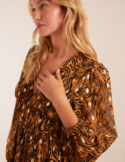 Shirred Waist Leopard Foil Wrap Front Mini Dress