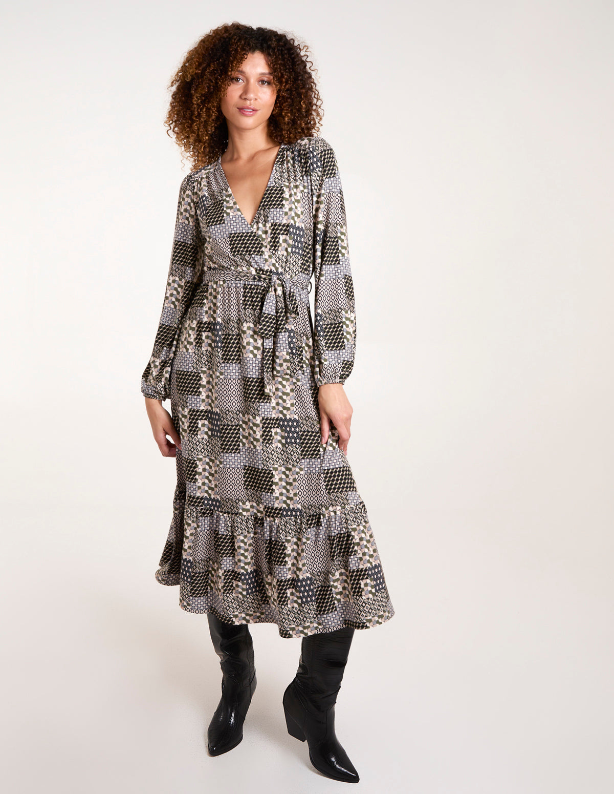 Geometric Wrap Front Belted Midi Dress