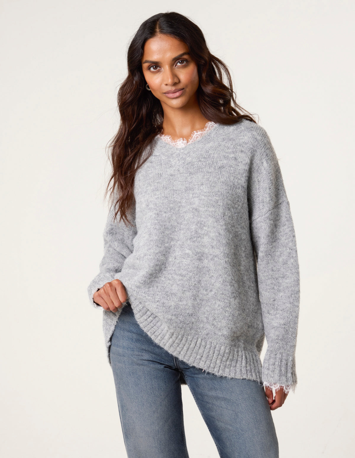 Lace Trim V Neck Jumper