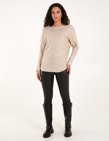Foil Leaf Print Round Neck Jumper