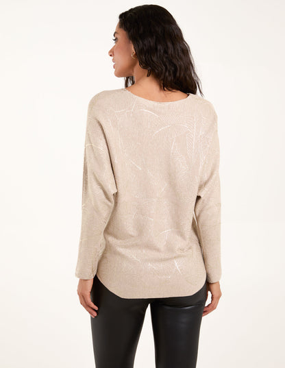 Foil Leaf Print Round Neck Jumper