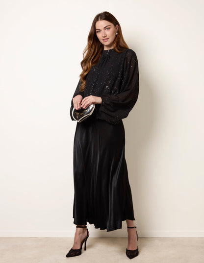 Metallic Sparkle Chiffon High Neck Puffball Top