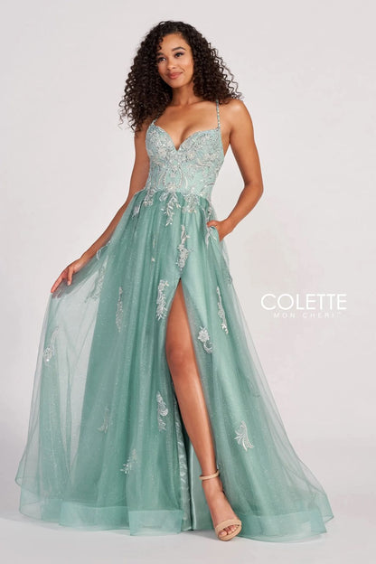 Colette CL2062 Glitter Long Formal Applique Prom Dress