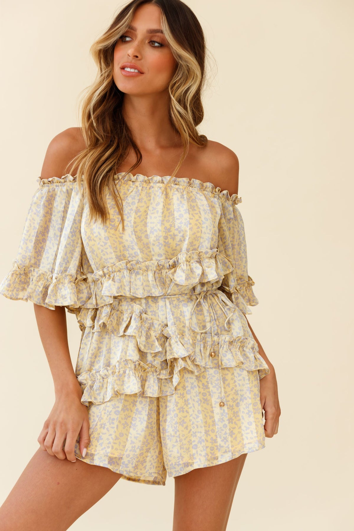 Astoria Bardot Neckline Frill Romper Floral & Stripe Print Yellow