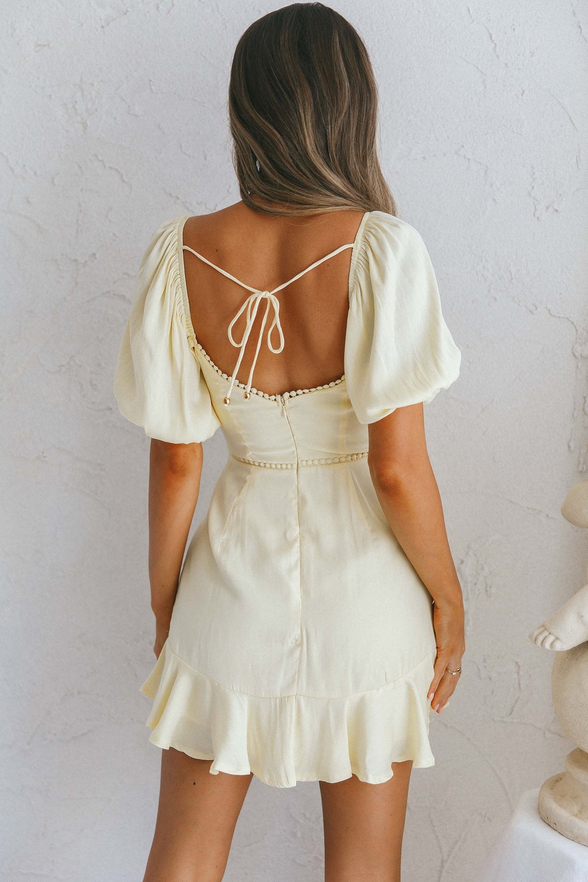 Catch Feelings Sweetheart Neckline Puff Sleeve Dot Trim Dress Yellow