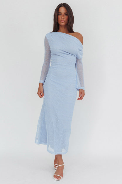 Alivya Asymmetric Neckline Knit Maxi Dress Blue