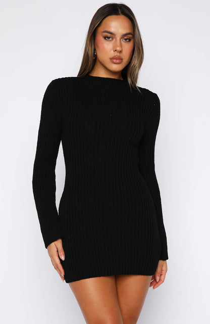 Get On Down Long Sleeve Knit Mini Dress Black