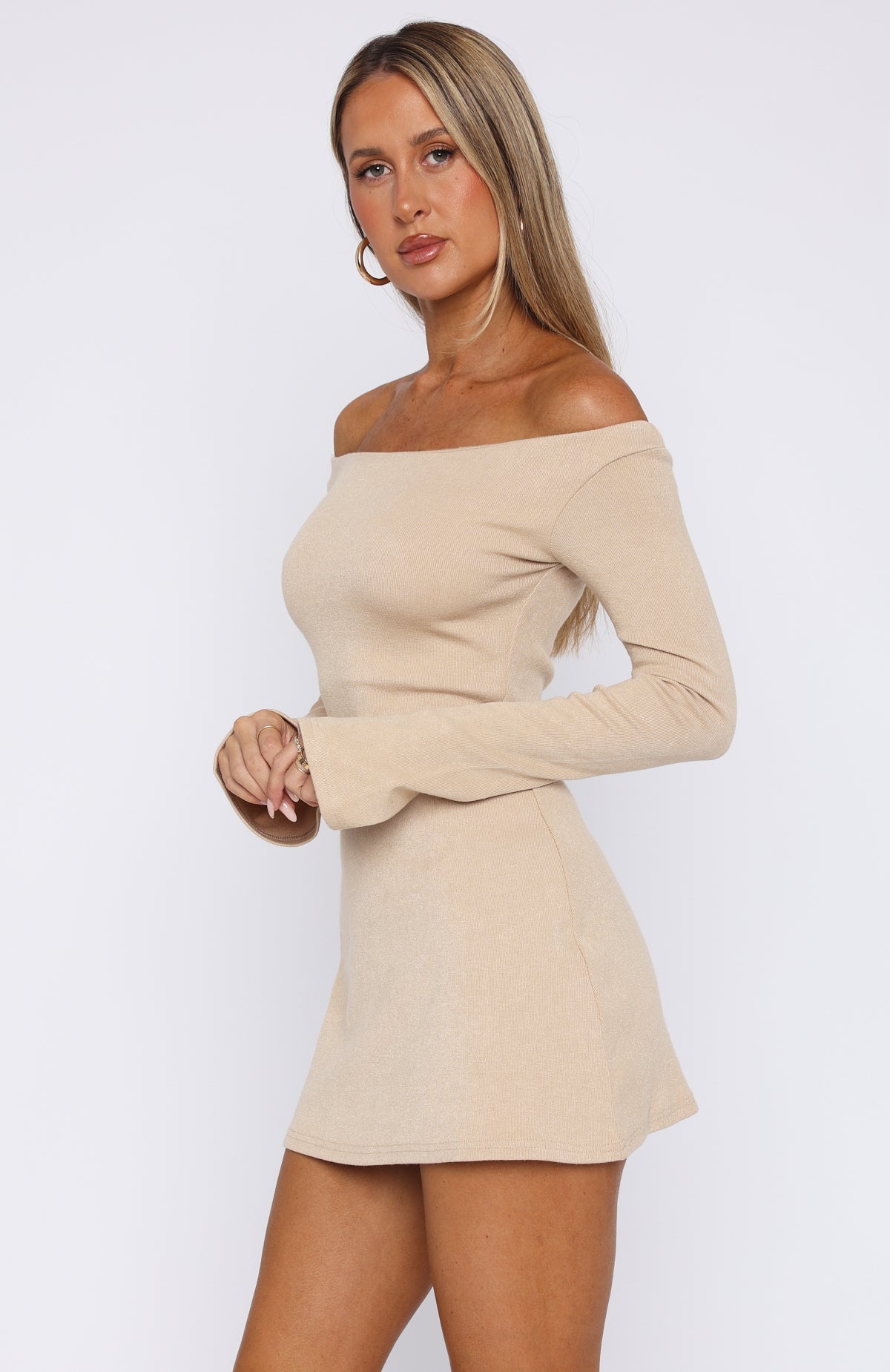 I'm Not Yours Long Sleeve Mini Dress Beige