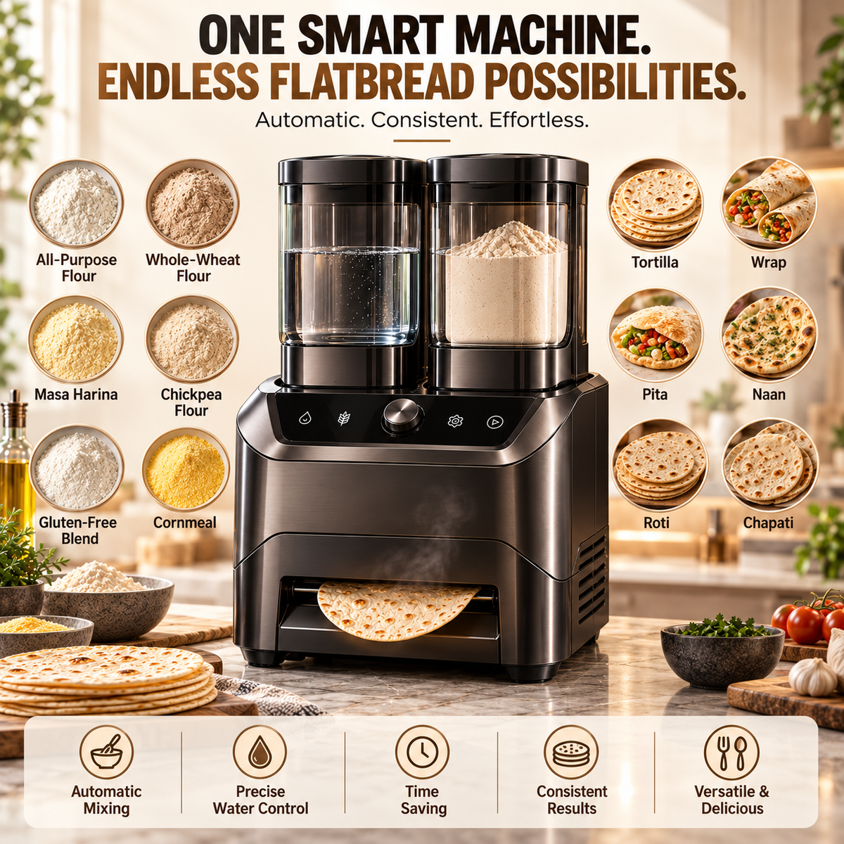 🔥 Limited-Time Sale – All-in-One Automatic Flatbread Maker with Smart Mixing & Cooking