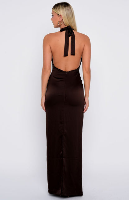 Night-Time Madness Halter Maxi Dress Chocolate