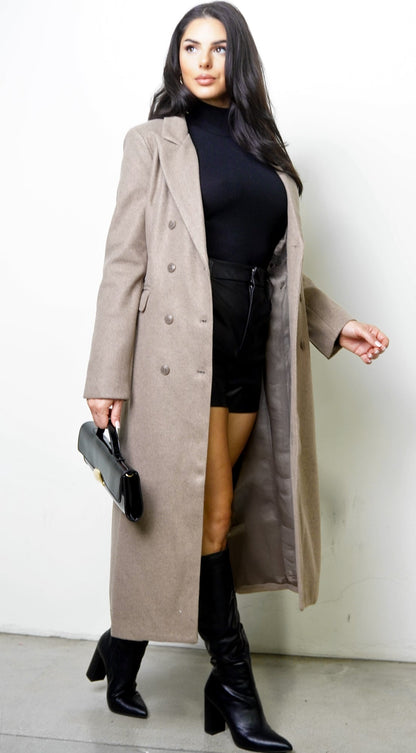 Rita Double-Breasted Longline Notch Collar Coat - Mocha
