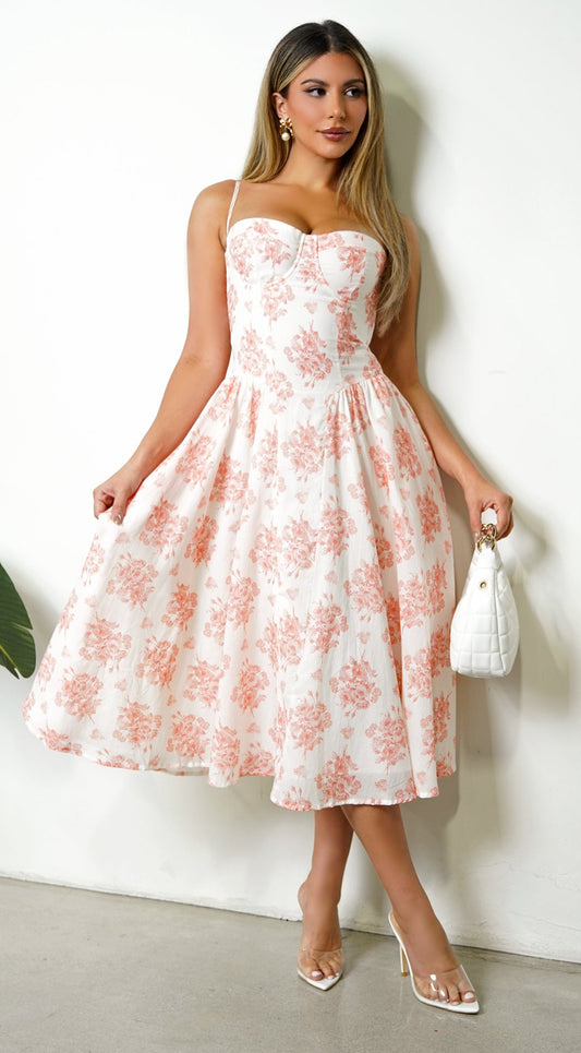 Knox Floral Flare Midi Dress - White Orange