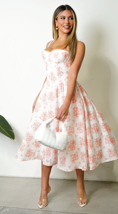 Knox Floral Flare Midi Dress - White Orange