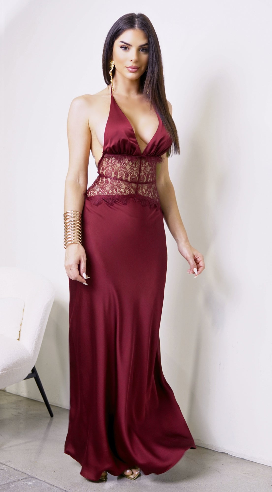 Ravena Lace Satin Detail Halter Maxi Dress - Red