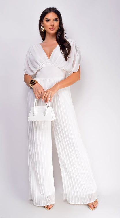Selene V Neck Pleated Jumpsuit - White