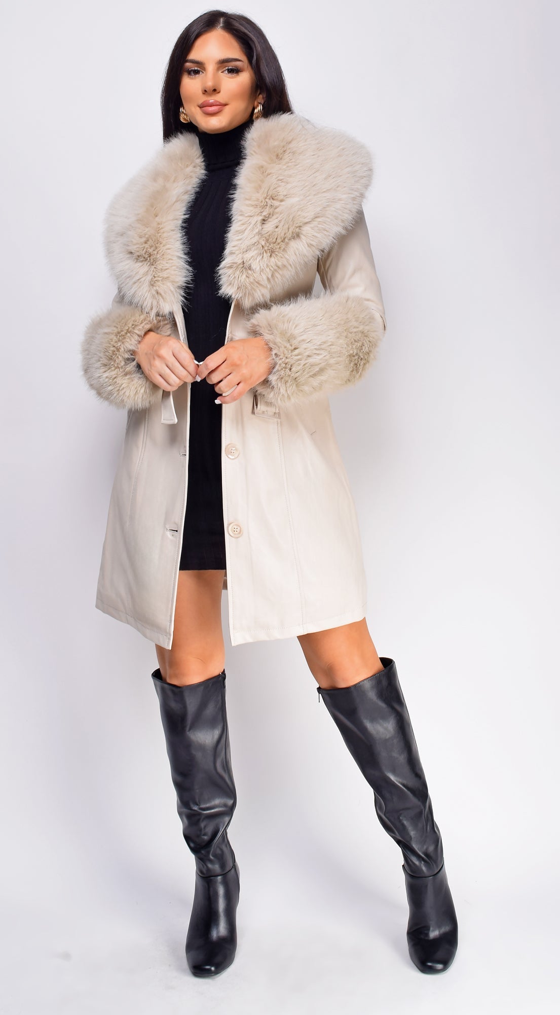 Roma Cream Beige PU Leather Faux Fur Coat