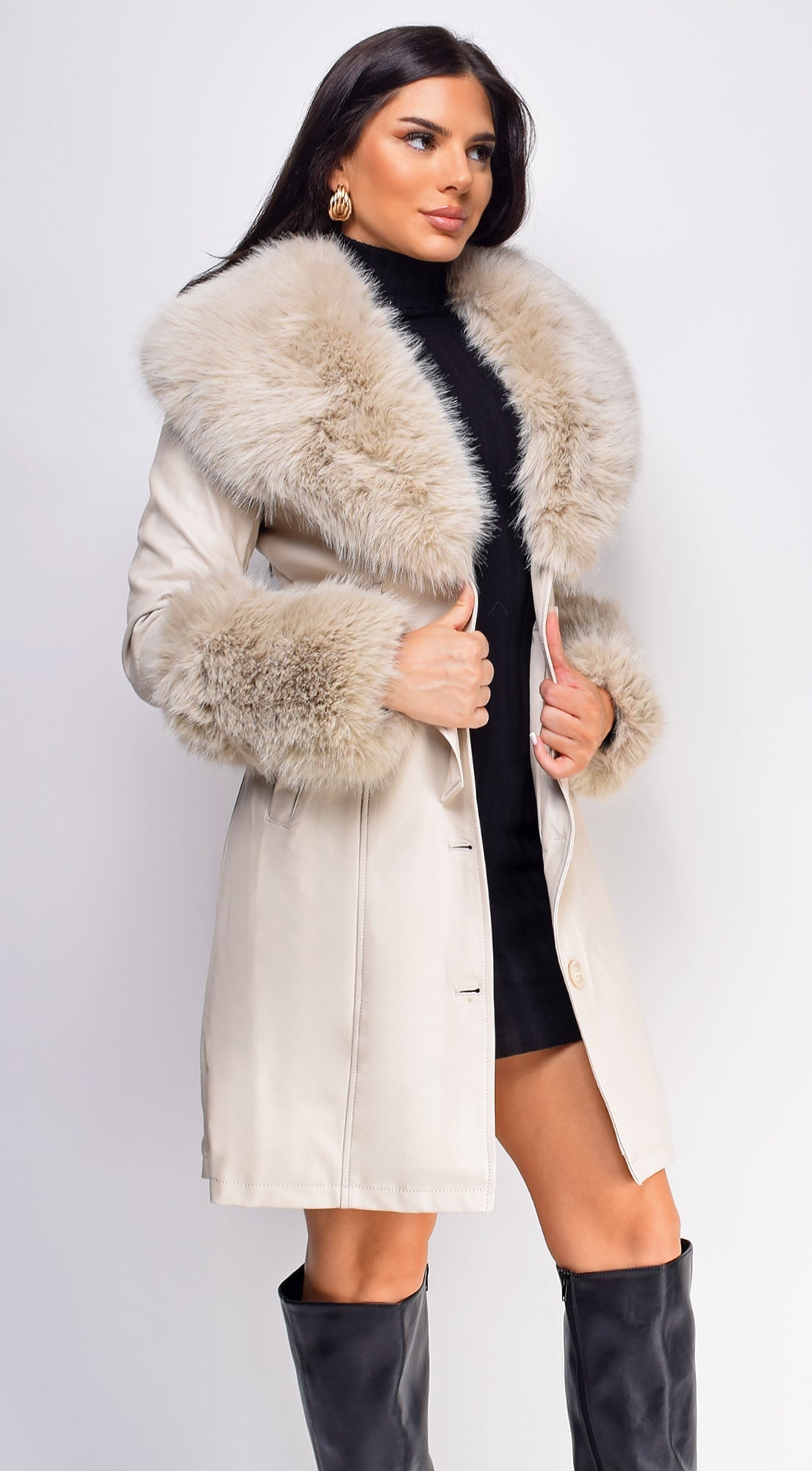 Roma Cream Beige PU Leather Faux Fur Coat