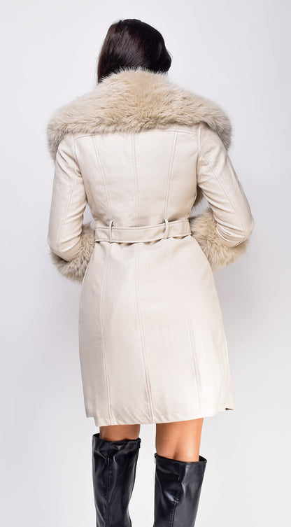 Roma Cream Beige PU Leather Faux Fur Coat