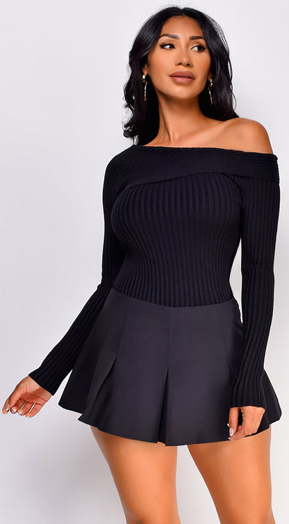Opal Black Off Shoulder Ribbed Sweater Top