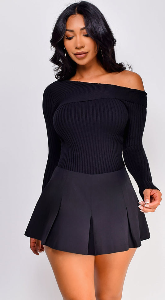 Opal Black Off Shoulder Ribbed Sweater Top