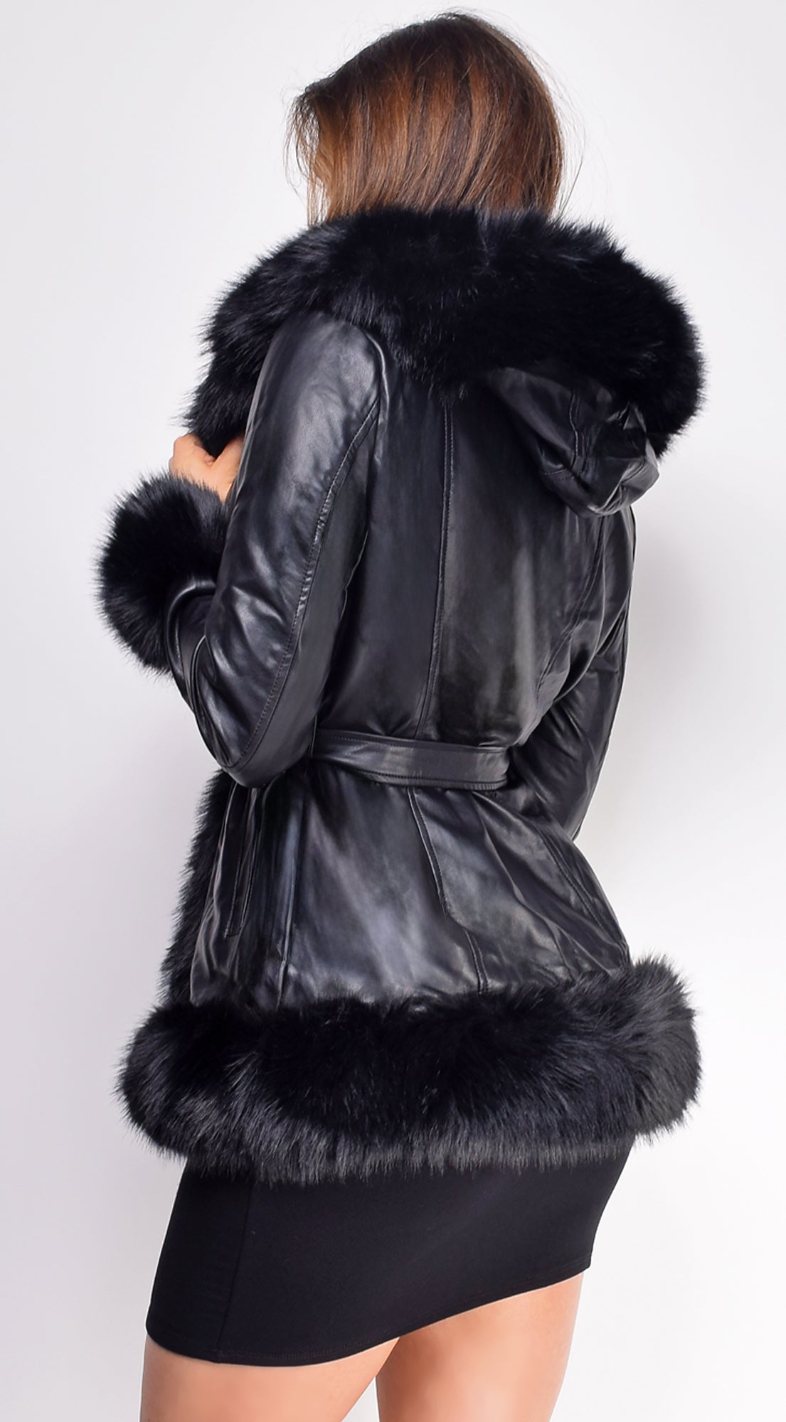 Sasha Black PU Leather Faux Fur Trim Coat