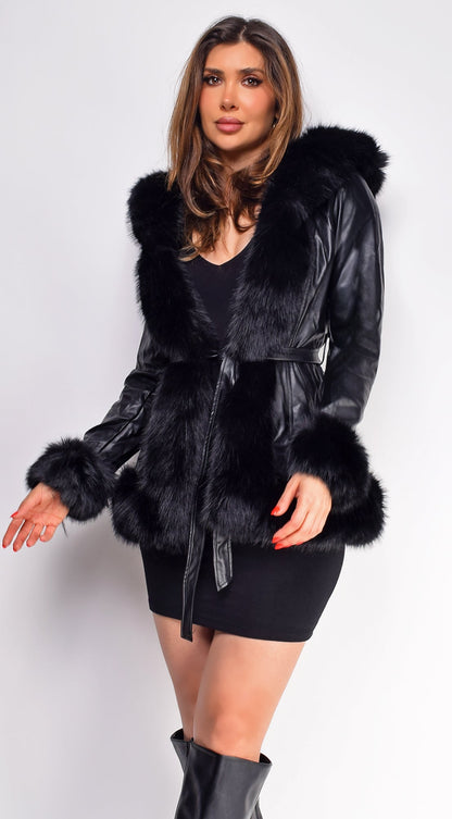 Sasha Black PU Leather Faux Fur Trim Coat