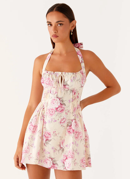 Rosalie Halter Mini Dress - Vintage Pink Floral