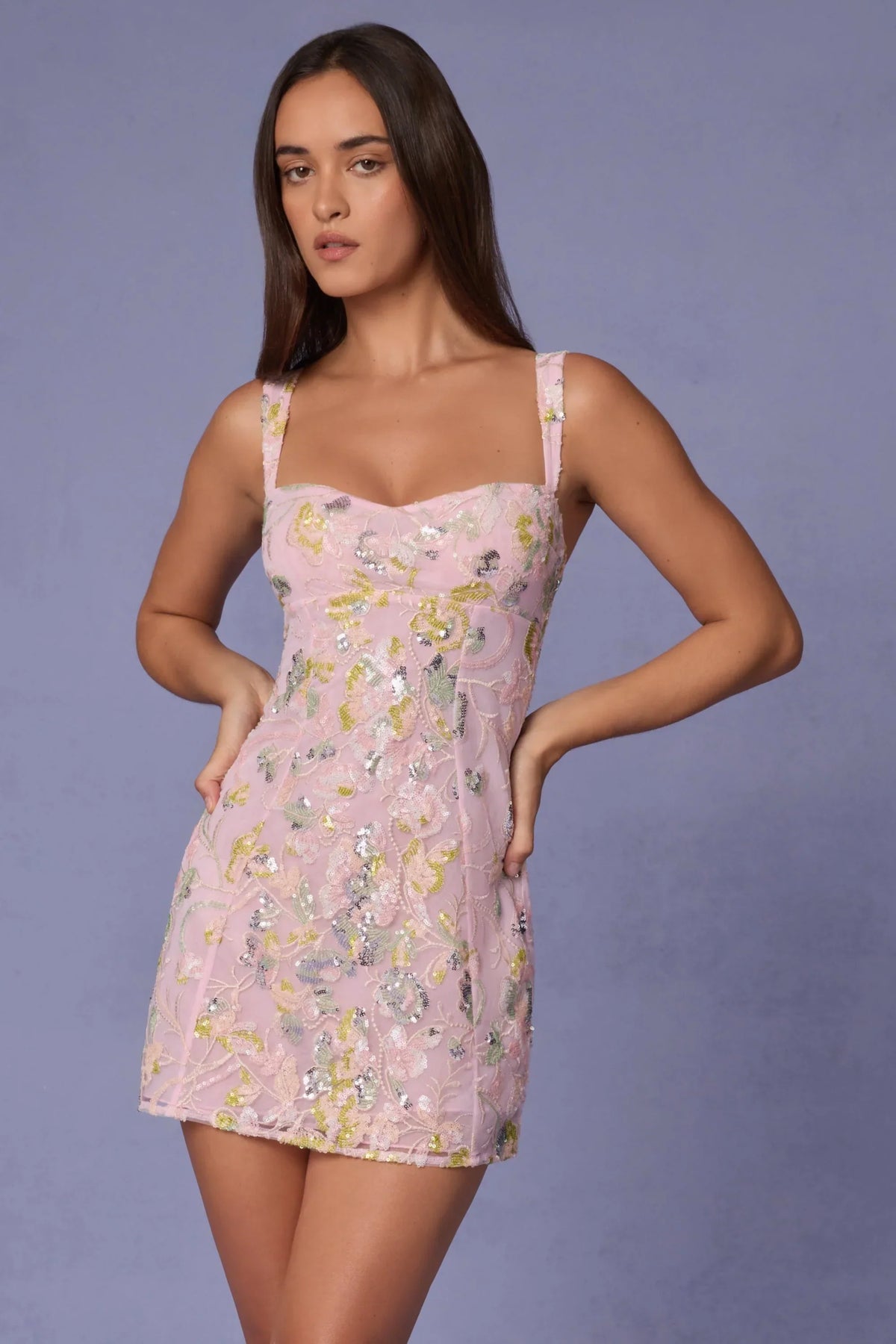 Embellished A-line Mini Dress in Soft Pink