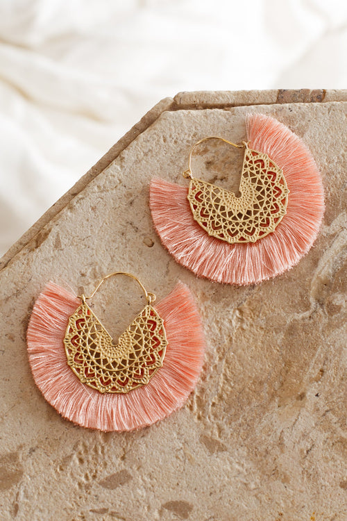 Bali Gold Filigree Fringing Earrings Pink