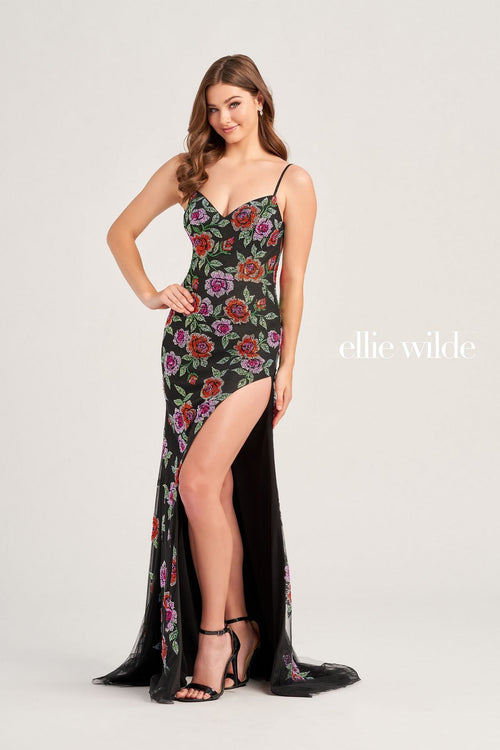 Ellie Wilde EW35069  Fitted Long Formal Floral Beaded Prom Gown