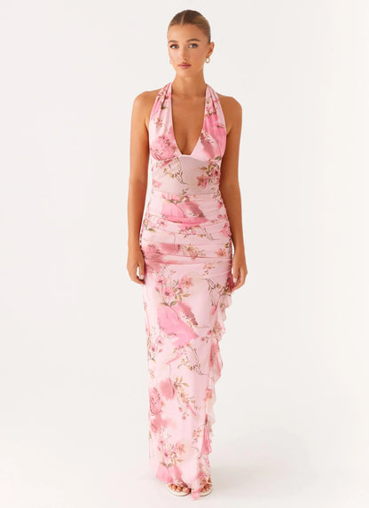 Micca Halter Maxi Dress - Pink Floral Print