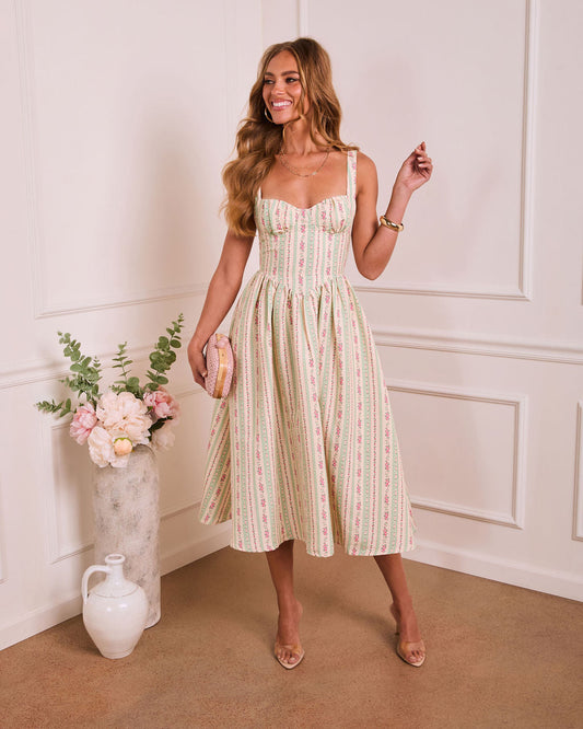 Sunlit Willow Floral Sweetheart Midi Dress