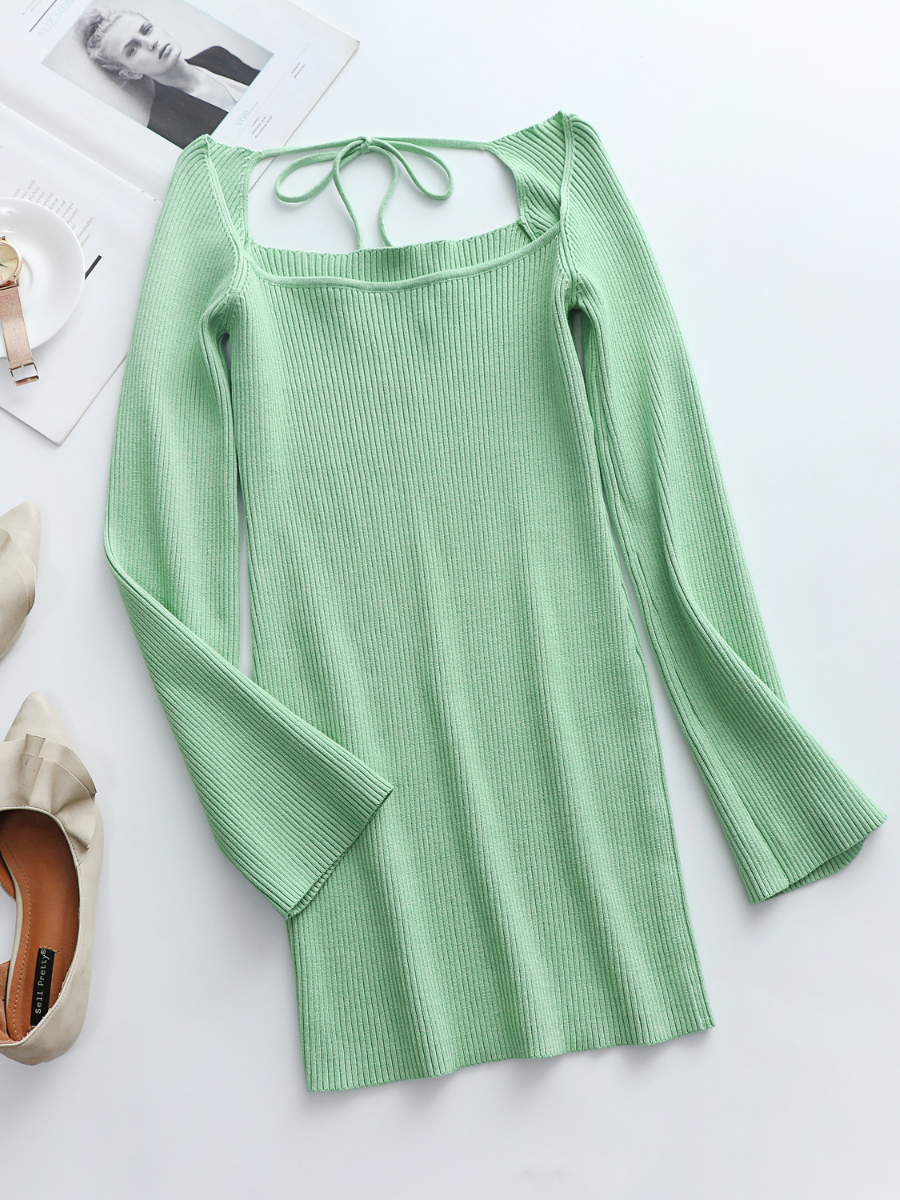 Smaibulun Doll | Low Neck Tie Open Back Knit Dress - Mint