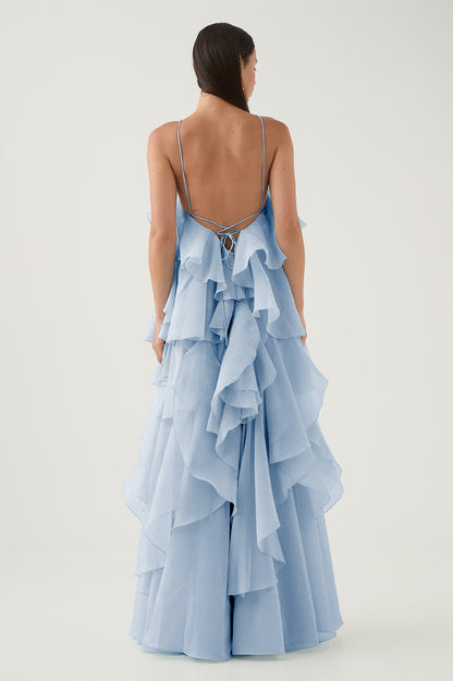 3D Flower Halter Neck Frill Maxi Dress