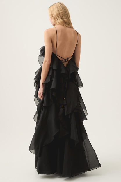 3D Flower Halter Neck Frill Maxi Dress