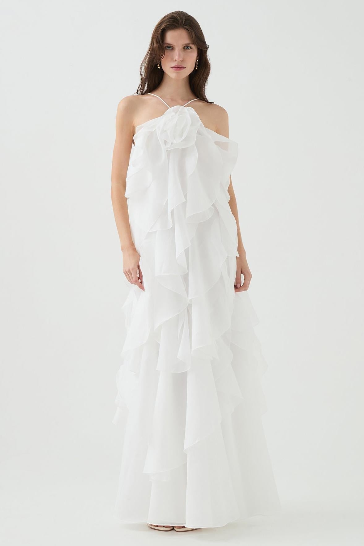 3D Flower Halter Neck Frill Maxi Dress