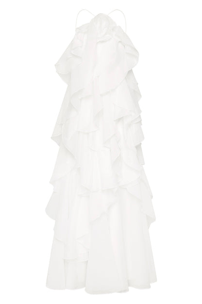 3D Flower Halter Neck Frill Maxi Dress