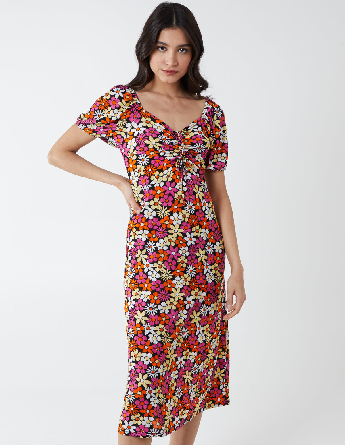 V Neck Ruched Midi Dress