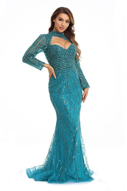 High Couture NR2247 Long Sleeve Formal Beaded Prom Gown