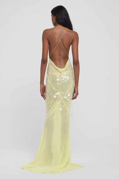 Sequin V-Neck Mesh Sleeveless Maxi Dress