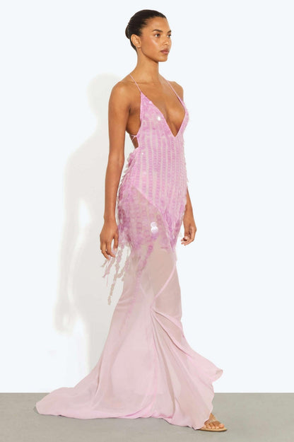 Sequin V-Neck Mesh Sleeveless Maxi Dress