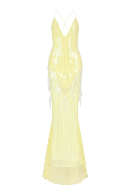 Sequin V-Neck Mesh Sleeveless Maxi Dress